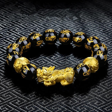 FENG SHUI Gold PIXIU & 6 Syllable Mantra Obsidian Bead Abundance Bracelet